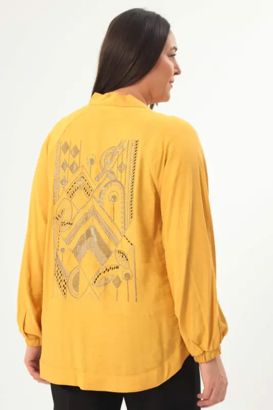 Angelino Plus Size Back Stone Printed Oversize Mustard Jacket - 2