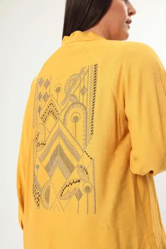 Angelino Plus Size Back Stone Printed Oversize Mustard Jacket - 5