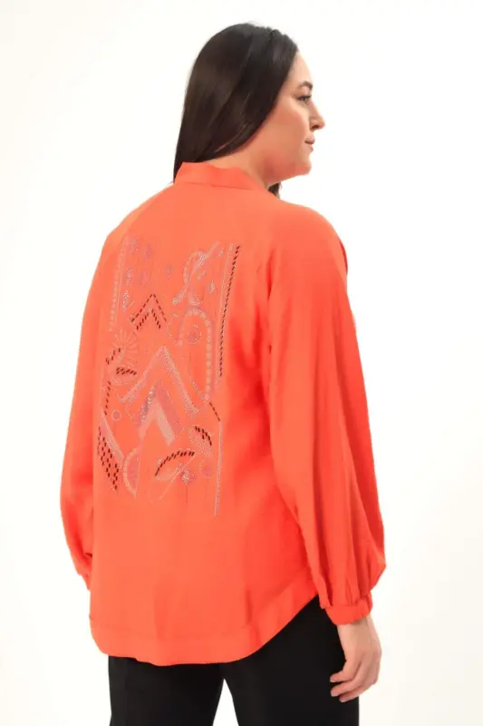 Angelino Plus Size Back Stone Printed Oversize Orange Jacket - 2