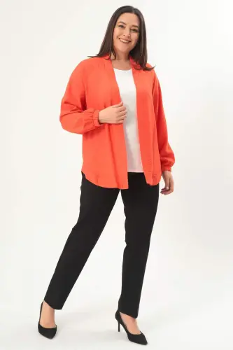 Angelino Plus Size Back Stone Printed Oversize Orange Jacket - 3
