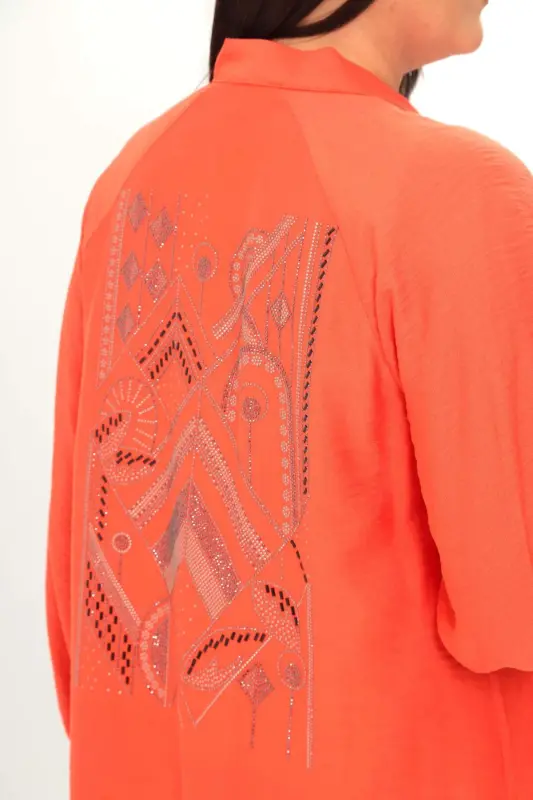 Angelino Plus Size Back Stone Printed Oversize Orange Jacket - 5