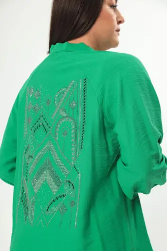 Angelino Plus Size Back Stone Printed Oversized Green Jacket - 5