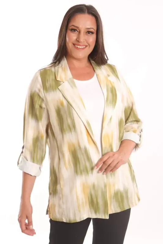 Angelino Plus Size Batik Pattern Crossover Collar Khaki Jacket - 1