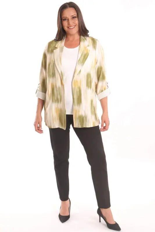 Angelino Plus Size Batik Pattern Crossover Collar Khaki Jacket - 2