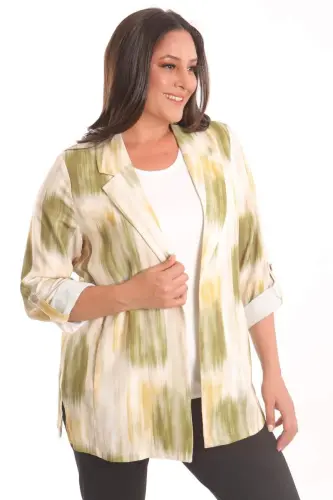 Angelino Plus Size Batik Pattern Crossover Collar Khaki Jacket - 3