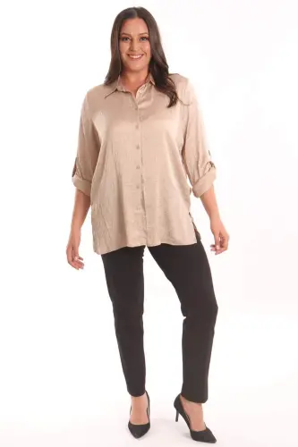 Angelino Plus Size Beige Crinkled Satin Shirt - BÜYÜKBEDENIZ (1)