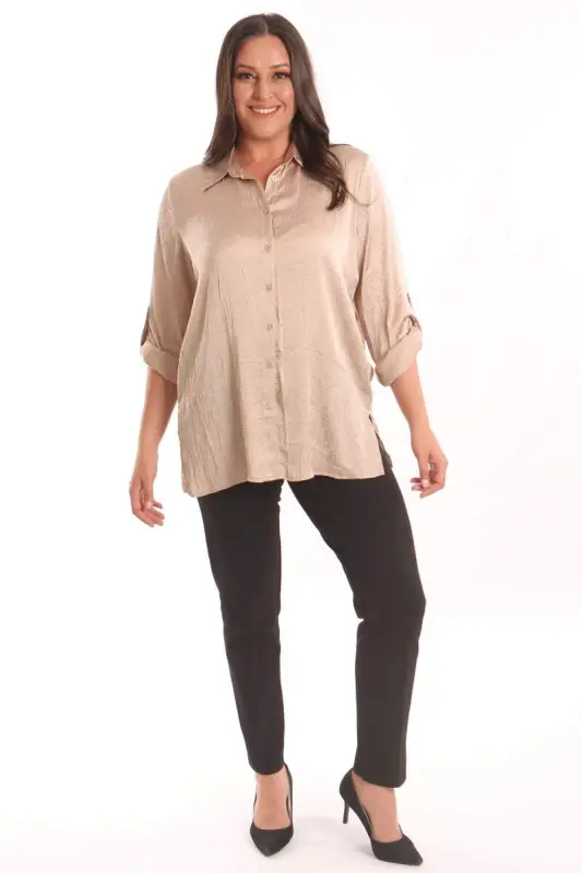 Angelino Plus Size Beige Crushed Satin Shirt - 2