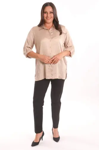 Angelino Plus Size Beige Crushed Satin Shirt - 4
