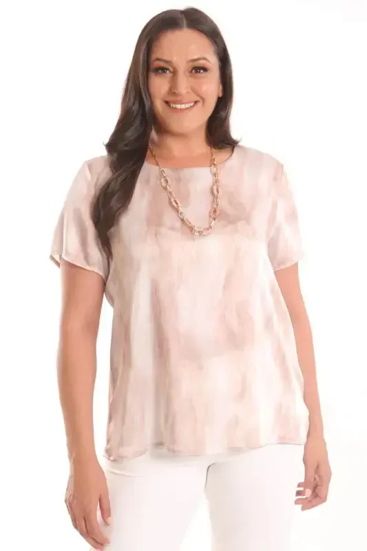 Angelino Plus Size Beige Patterned Short Sleeve Blouse - 1