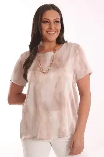Angelino Plus Size Beige Patterned Short Sleeve Blouse - 3