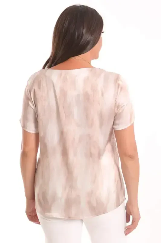 Angelino Plus Size Beige Patterned Short Sleeve Blouse - 6