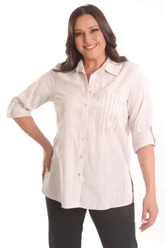 Angelino Plus Size Beige Pocket Stone Print Striped Shirt - BÜYÜKBEDENIZ