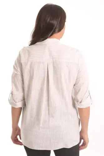 Angelino Plus Size Beige Pocket Stone Print Striped Shirt - 4