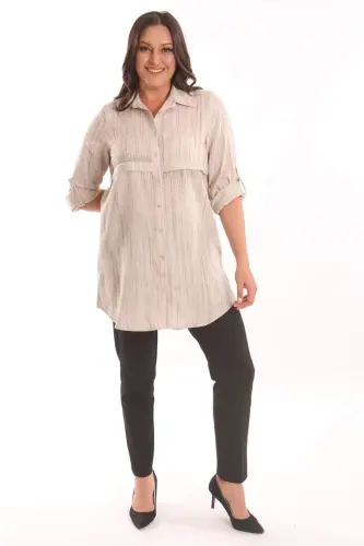 Angelino Plus Size Beige Stone Printed Allerli Shirt - BÜYÜKBEDENIZ (1)