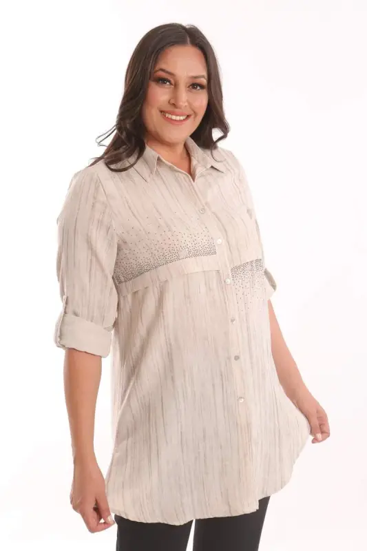 Angelino Plus Size Beige Stone Printed Allerli Shirt - 3