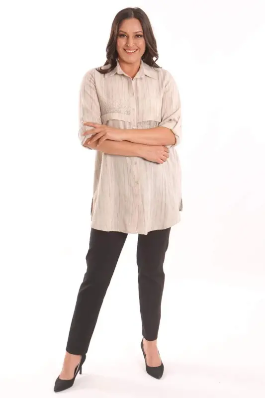 Angelino Büyük Beden Bej Taş Baskılı Allerli Gömlek - 4