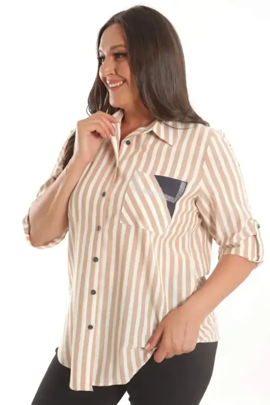Angelino Plus Size Beige Stone Printed Striped Shirt - BÜYÜKBEDENIZ