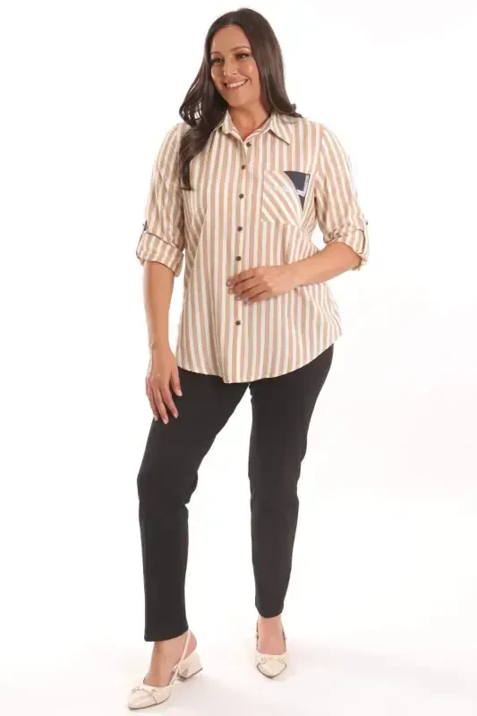 Angelino Plus Size Beige Stone Printed Striped Shirt - 2