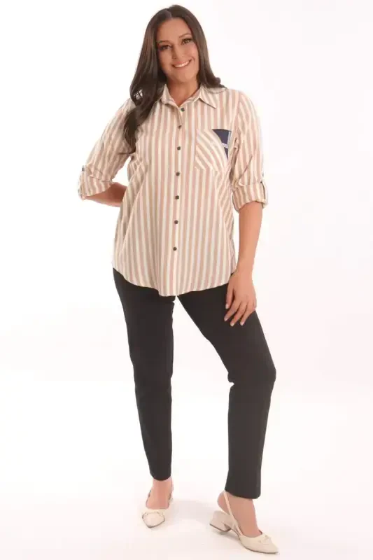 Angelino Plus Size Beige Stone Printed Striped Shirt - 3