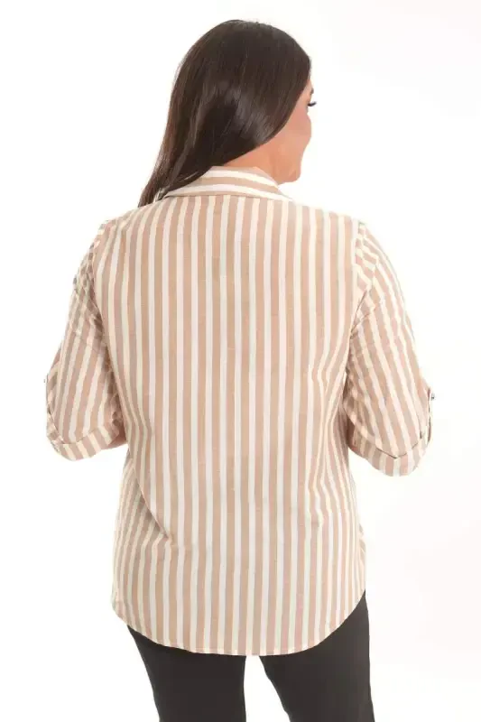 Angelino Plus Size Beige Stone Printed Striped Shirt - 4