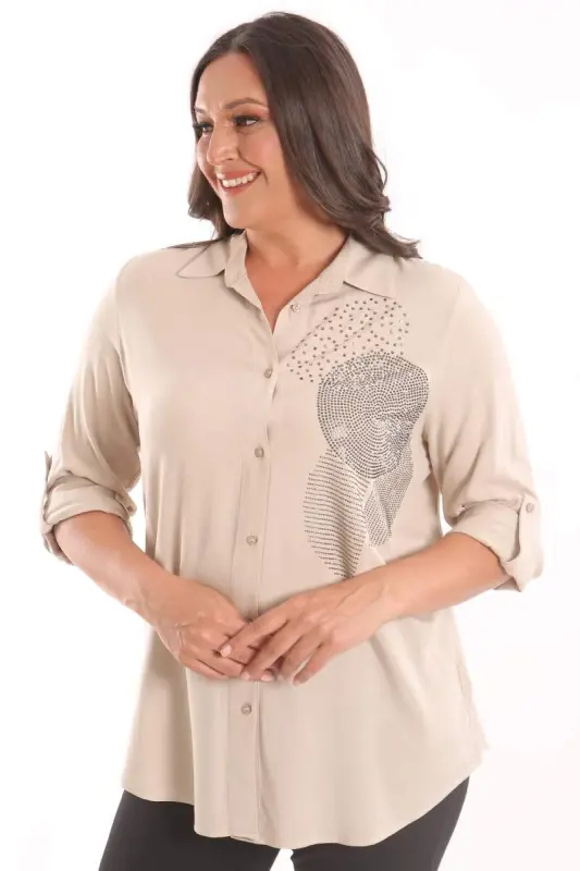 Angelino Plus Size Beige Stone Printed Woven Shirt - 3