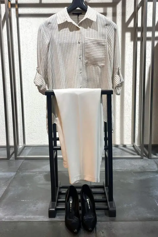 Angelino Plus Size Beige Striped Single Pocket Shirt - BÜYÜKBEDENIZ