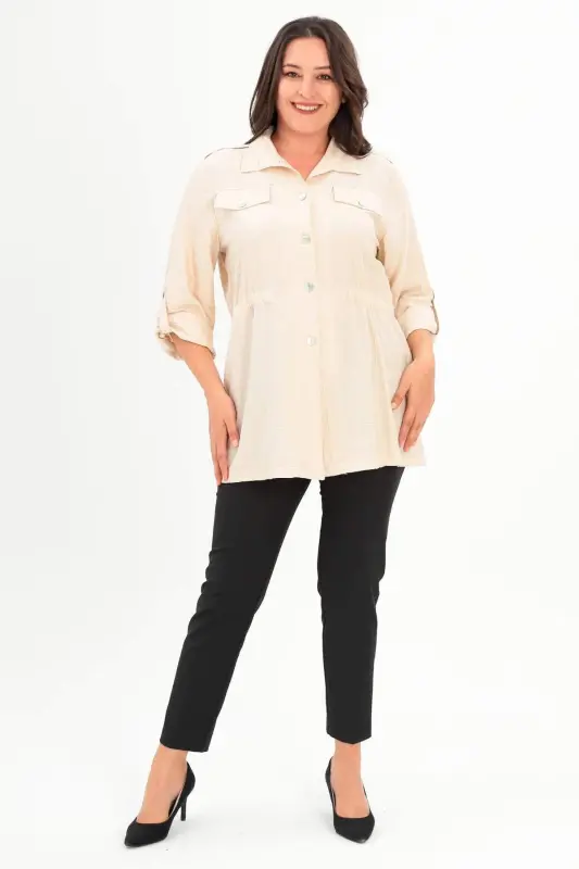 Angelino Plus Size Beige Trench Coat with Shoulder Epaulettes and Pocket Flaps - 2
