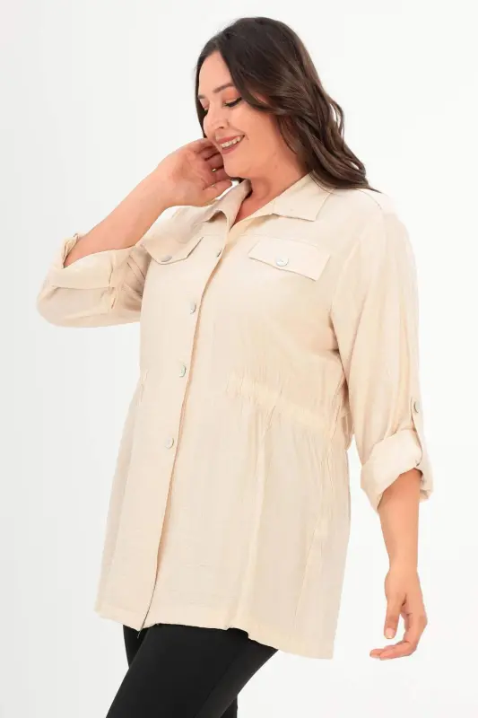 Angelino Plus Size Beige Trench Coat with Shoulder Epaulettes and Pocket Flaps - 3