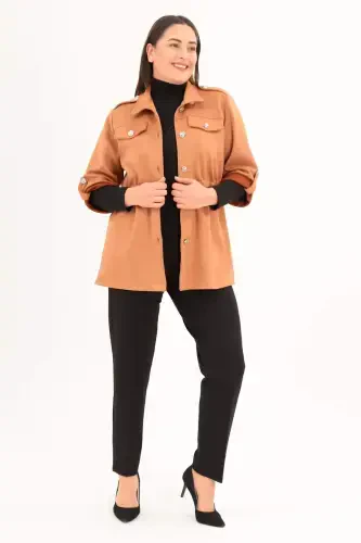 Angelino Plus Size Belted Pocket Detailed Brick Trench Coat - BÜYÜKBEDENIZ (1)