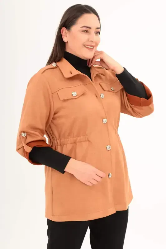 Angelino Plus Size Belted Pocket Detailed Brick Trench Coat - 3
