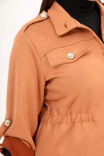 Angelino Plus Size Belted Pocket Detailed Brick Trench Coat - 4