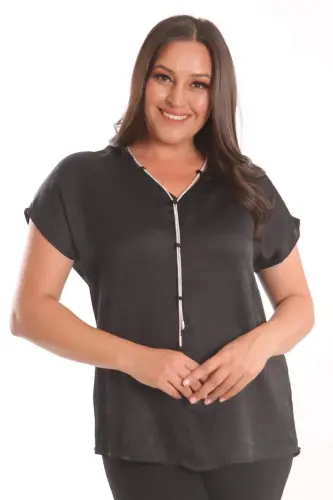 Angelino Plus Size Black Crinkled Satin Blouse with Chain Detail - 1