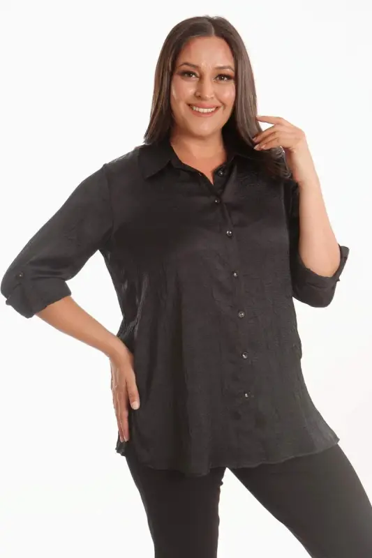 Angelino Plus Size Black Crinkled Satin Shirt - BÜYÜKBEDENIZ