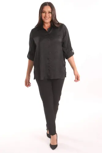 Angelino Plus Size Black Crinkled Satin Shirt - BÜYÜKBEDENIZ (1)