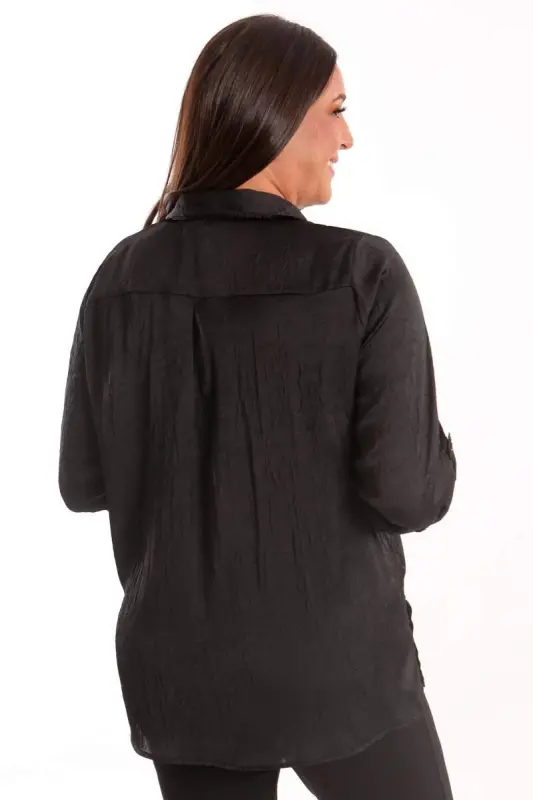 Angelino Plus Size Black Crinkled Satin Shirt - 5