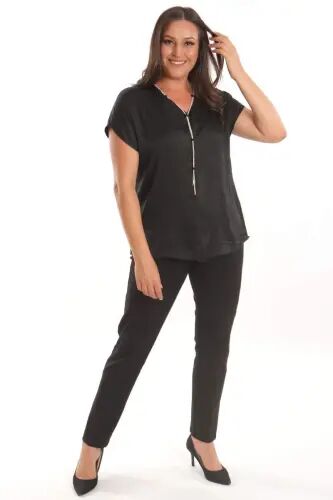 Angelino Plus Size Black Crushed Satin Blouse with Chain Detail - 4