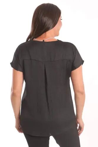 Angelino Plus Size Black Crushed Satin Blouse with Chain Detail - 5