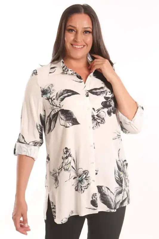Angelino Plus Size Black Floral Patterned Viscose Shirt - 3