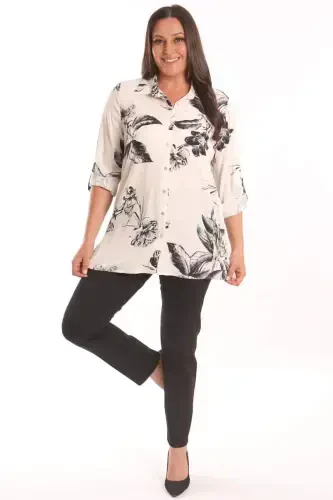 Angelino Plus Size Black Floral Patterned Viscose Shirt - 4