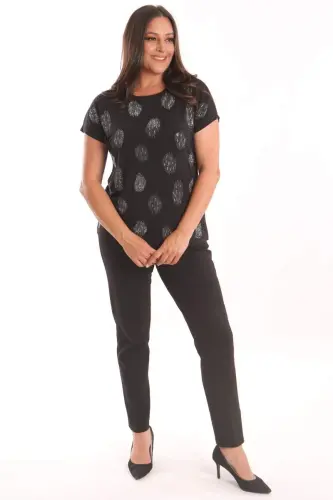 Angelino Plus Size Black Rhinestone Printed Drop Shoulder Blouse - 4