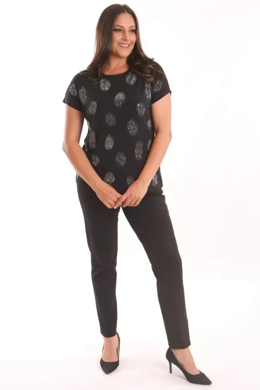 Angelino Plus Size Black Rhinestone Printed Drop Shoulder Blouse - 4