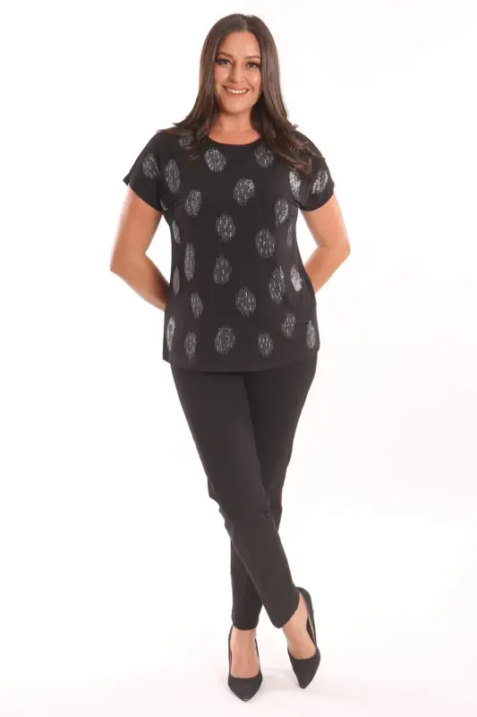 Angelino Plus Size Black Stone Print Drop Shoulder Blouse - 2