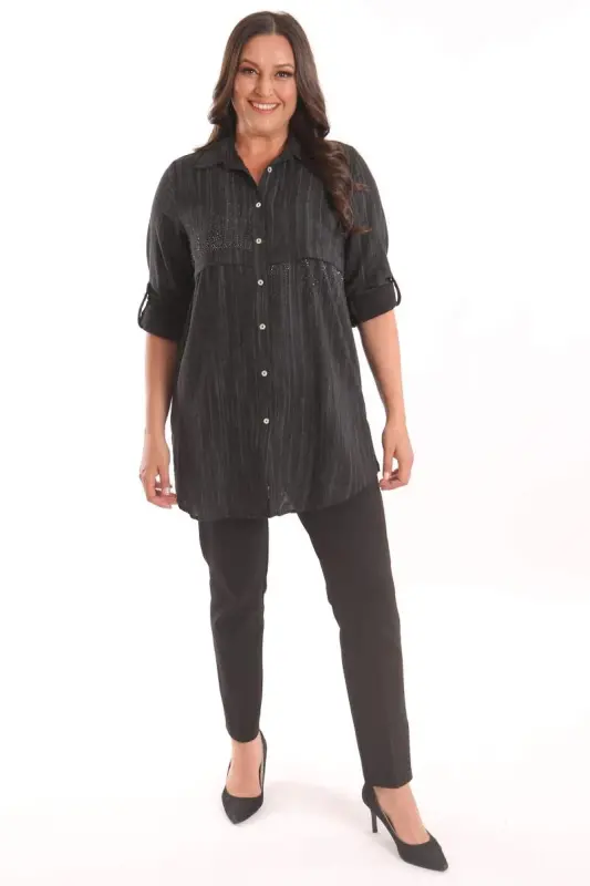 Angelino Plus Size Black Stone Printed Allerli Shirt - 2