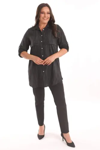 Angelino Plus Size Black Stone Printed Allerli Shirt - 4