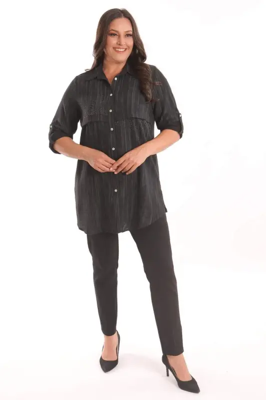 Angelino Plus Size Black Stone Printed Allerli Shirt - 4