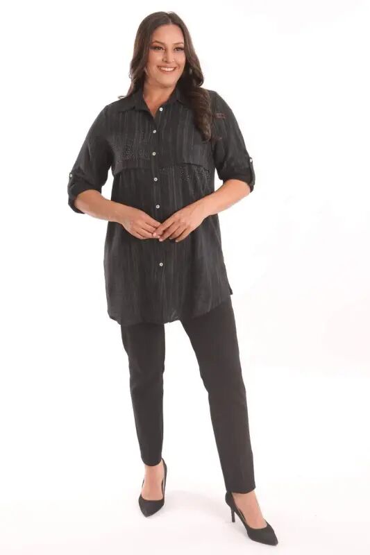 Angelino Plus Size Black Stone Printed Allerli Shirt - 4
