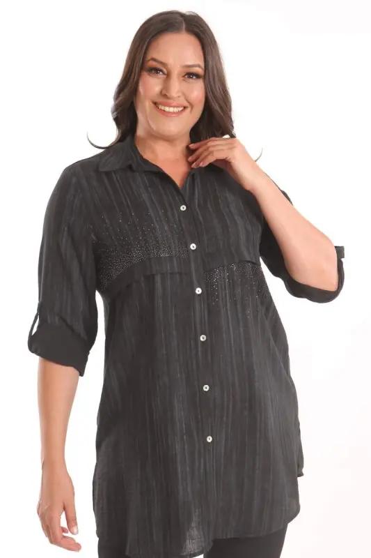 Angelino Plus Size Black Stone Printed Blouse with Pleats - 3