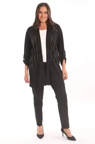 Angelino Plus Size Black Stone Printed Long Cardigan - BÜYÜKBEDENIZ (1)