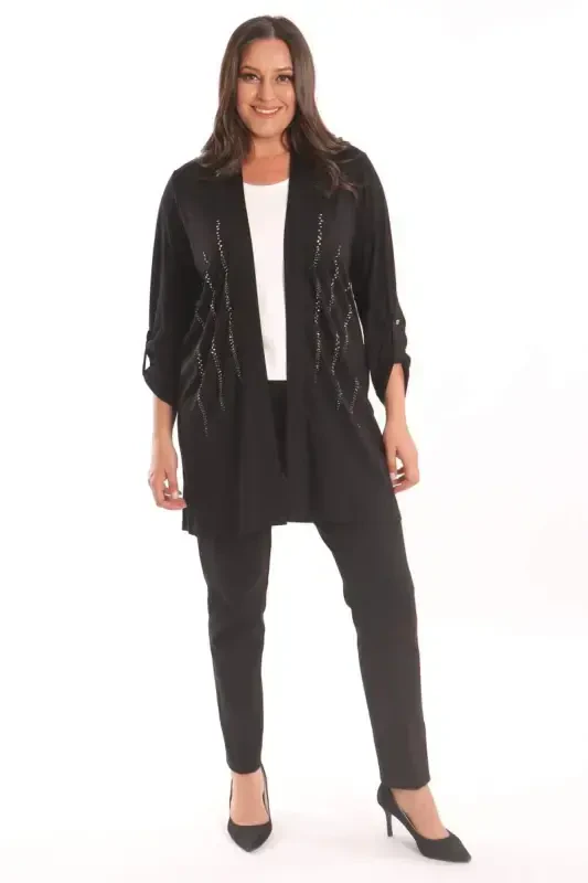 Angelino Plus Size Black Stone Printed Long Cardigan - 2