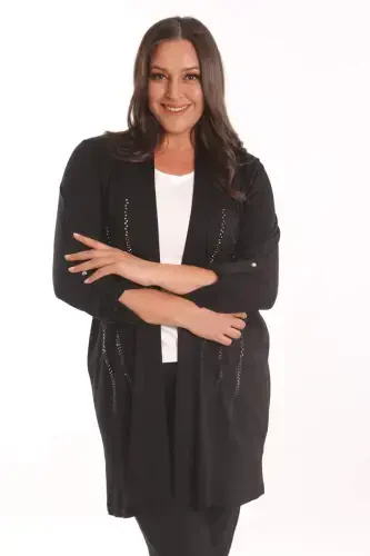 Angelino Plus Size Black Stone Printed Long Cardigan - 3